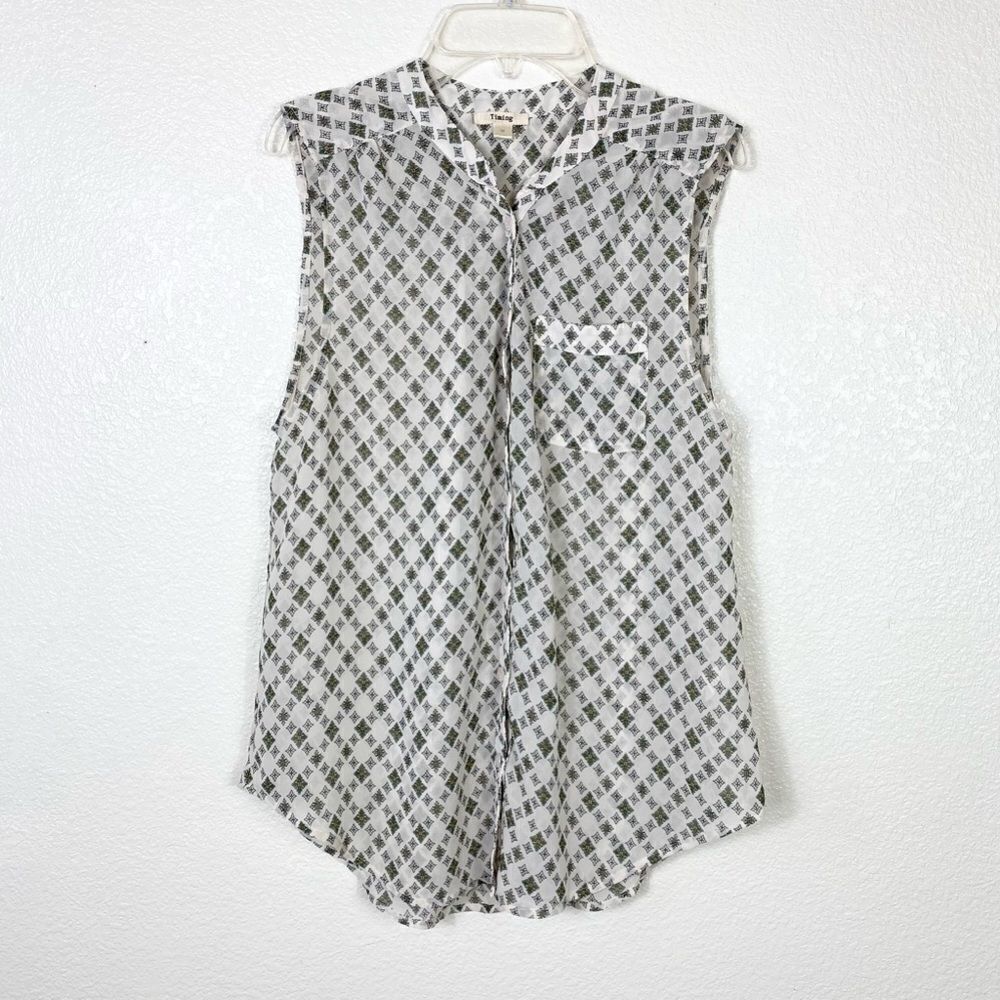 Timing White & Green Sleeveless Button Up Shirt Blouse